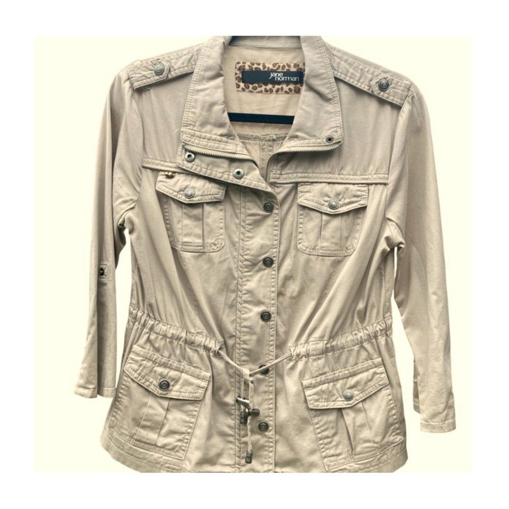 Jane Norman Womens Utility Jacket Tan Drawstring Waist Cargo Pockets